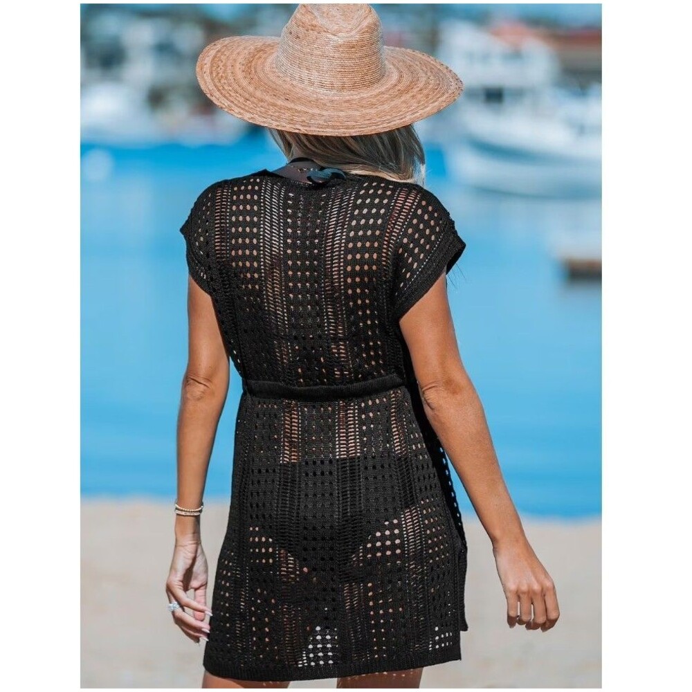 CUPSHE Black Crochet Cover Up Dress Womens Medium NWT VNeck Drawstring Swim Mini - Picture 6 of 9